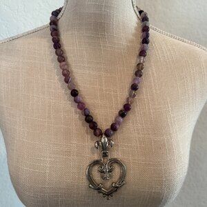 Amethyst Beads with Fleur De Lis Crown Pendant